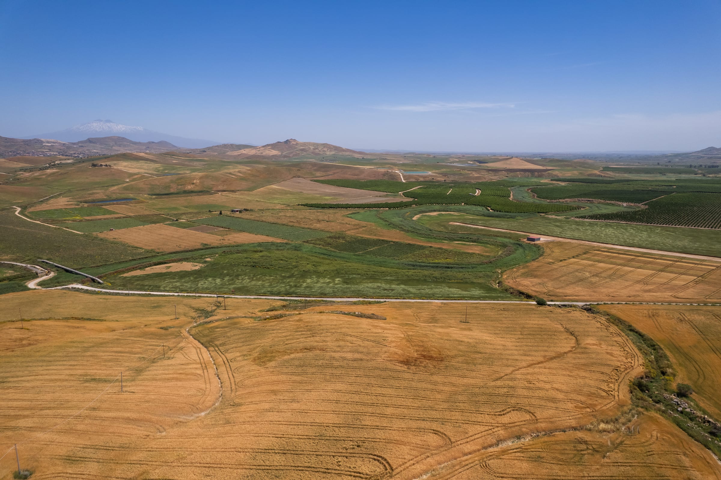 Veduta aerea della Piana di Catania con i seminativi maturi